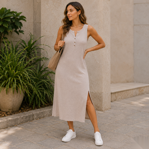 Vestido Midi de Punto sin Mangas con Cuello Redondo, Ajustado, de Color Sólido, Informal, para Uso Diario, Transpirable, de Tela de Algodón y Poliéster - Product Image 1