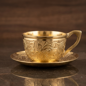 Vintage Brass Tea <b>Cup</b> and <b>Saucer</b> Set Carved Round Handmade Tea Service for Home Gift - Product Image 6