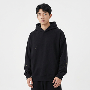 Sweat-shirt à capuche noir surdimensionné avec broderie d'étoiles en strass sur les manches, unisexe, décontracté, en coton tricoté, pour l'automne - Product Image 4
