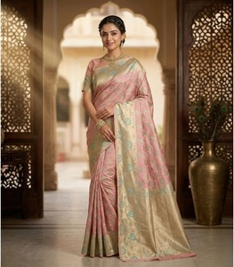 Elegante Saree de Seda Pura en Rosa Pálido y Verde para Mujer, Saree Tradicional Kancheepuram para Bodas, Fiestas, Diseño Étnico Indio - Product Image 3