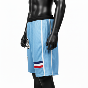 Shorts deportivos de malla transpirable de poliéster premium para hombre, color azul claro, con panel de rayas y logotipo bordado personalizado. Shorts de malla para hombre. - Product Image 2