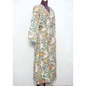 Nouvelle robe décontractée pour femme, imprimée à la main, à manches bouffantes, col en V, grande taille, silhouette droite, longueur cheville, taille naturelle - Product Image 5