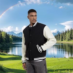 Veste universitaire pour homme en molleton vert et blanc, coupe classique, col rabattu, fermeture boutonnée, motif uni, polyester, pour l'automne - Product Image 3