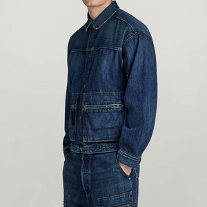 Men's Blue Denim <b>Jacket</b> Workwear Style Turn-down Collar <b>Zipper</b> <b>Pockets</b> Washed Cotton Autumn Regular Fit Custom logo - Product Image 4