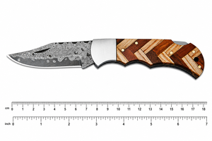 Patterned Carbon Steel Pocket Knife with Wooden Handle High-Polish Finish Leather Sheath Handmade Compact Hand <b>Tool</b> - Product Image 2