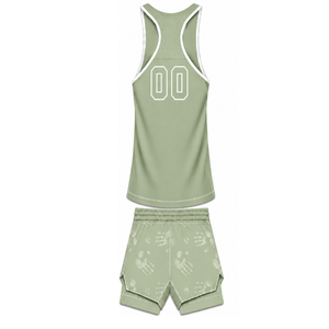Light Sage Green White <b>Swim</b> Set Sleeveless Racerback Tank <b>Top</b> with Matching Shorts Lightweight Quick Dry Training Performance - Product Image 2