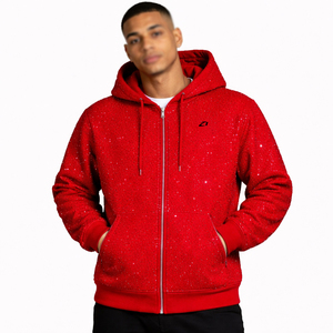 Sweat à capuche zippé pour homme, coupe oversize, en molleton épais 100% coton 300g, respirant, avec motif orné de strass blancs, hiver, OEM ODM - Product Image 6