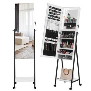 Meuble de Rangement Blanc pour Bijoux et Maquillage avec Miroir Intégré, Type Plancher en Bois, 1 Étagère, 4 Roues et Bande Lumineuse - Product Image 5