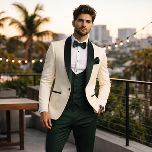 Costume de smoking crème pour homme avec gilet vert et nœud papillon, tenue de cérémonie pour marié, style britannique, ensemble trois pièces - Product Image 4