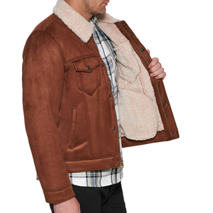 <b>Men's</b> Brown <b>Suede</b> Bomber <b>Jacket</b> With Sheep Fur Collar Casual Winter Coat Regular Fit Turn-down Collar Single Breasted Button - Product Image 4