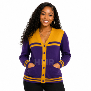 HMR Acrylic Casual Sorority Sisterhood <b>Purple</b> Gold Contrast Color Button Knitted V-Neck Long Sleeve <b>Cardigan</b> - Product Image 1