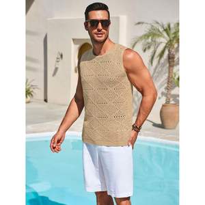 2025 camisetas sin mangas de punto para hombre, camisetas informales de ganchillo sin mangas con ahuecados, camisas musculosas Hippie de playa de verano - Product Image 2