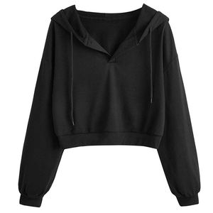Women's Cropped Hoodie Casual Long Sleeve Solid Color Hooded Sweatshirt Breathable Knitted Cotton <b>Crop</b> <b>Top</b> for Autumn - Product Image 1