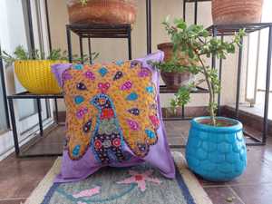 Handmade Indian Cotton Cushion Cover Peacock Pattern Embroidered 100% Cotton Cushion Covers For Home, Living Room Decor - Product Image 3