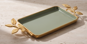 Plateau de service rectangulaire de luxe en émail vert avec poignées en forme de branche dorée, plat décoratif en métal pour table basse, salon, nourriture - Product Image 5