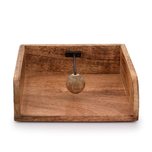 Boîte à serviettes en bois de manguier écologique avec presse à boule en bois et pendule en métal noir - Product Image 2