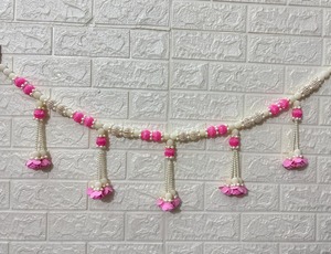 Handmade Pearl <b>Beaded</b> <b>Door</b> Hanging Toran with Pink Flower Tassels - Product Image 3