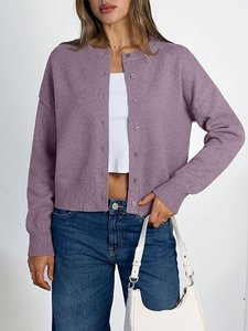 Cárdigan de punto corto morado para mujer, suéter informal con botones y cuello redondo de manga larga - Product Image 5