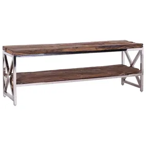 クラシックなカントリースタイルの無垢材の木製コンソールテーブル、ステンレススチールベースの再生木材リビングルームコンソールサイドテーブル