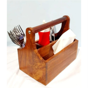 Porte-ustensiles en bois rustique fait main, organisateur de table décoratif pour sel, poivre et serviettes, boîte à couverts élégante pour pique-nique et barbecue - Product Image 1