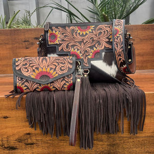 2025 superventas diseño de girasol bolso con flecos de cuero de vaca y cartera de cuero genuino para mujer Conjunto Combinado de 2 piezas - Product Image 4