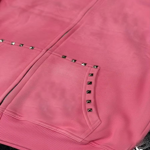 Sudadera Rosa Extra Grande con Capucha y Cierre de Cremallera, con Pedrería, Manga Larga, Informal, Unisex, para Otoño - Product Image 3