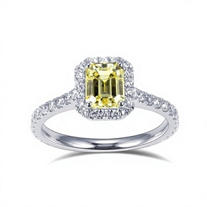 KIVORA'S Yellow <b>Emerald</b> Cut Lab Grown Diamond Halo <b>Ring</b> S925 Sterling <b>Silver</b> Rhodium Plated Women Engagement Wedding Band - Product Image 4