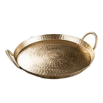 First Class Metal Iron Hammered Round Tray Verb Design With Pipe Handle Gold For Home Restaurants Hotels