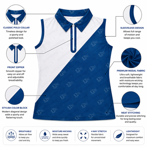 <b>Top</b> Ranking Fully Customized Women Sleeveless <b>Polo</b> Shirt Color Block Blue White Zipper Closure Sporty Golf <b>Top</b> Hiking Shirt - Product Image 5