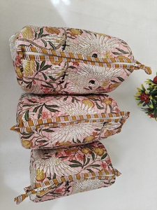 กระเป๋าเครื่องสำอางผ้าฝ้ายพิมพ์ลายดอกไม้สีชมพู ทนทาน มีซิป กระเป๋าอินเดียสำหรับจัดเก็บเครื่องสำอางสำหรับเดินทาง - Product Image 5