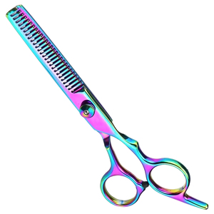 Tijeras de Entresacar Rainbow de 6 Pulgadas, Acero Inoxidable, Punta Redonda, 28 Dientes, para Diestros, Herramientas de Peluquería, Tijeras Texturizadoras de Mango Largo - Product Image 1