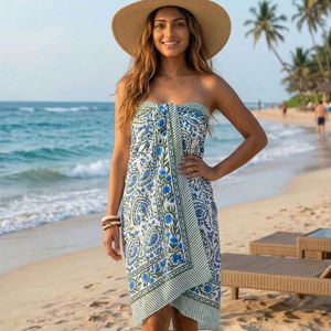 Indian Hand Block Print Formal Floral Natural Waist 100% Cotton <b>Sarong</b> Pareo Beachwear Women Summer Wrap Quick Dry & Reversible - Product Image 1