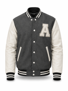 Veste universitaire unisexe grise, patchwork, lettres brodées sur le devant, col rabattable, coupe-vent, éco-responsable, streetwear, vêtements d'hiver - Product Image 1