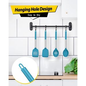 Set di 4 Utensili da Cucina in Silicone Senza BPA, Spatole Grandi Antiaderenti Resistenti al Calore, Cucchiai Forati Blu, Kit di Strumenti da Cucina - Product Image 1