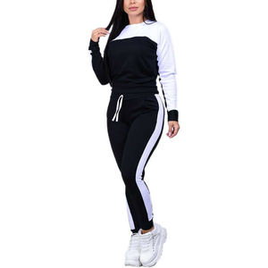 Ensemble de survêtement pour femmes, noir et blanc, blocs de couleur, manches longues, col rond, pantalon de jogging avec poches latérales, style sportif d'automne - Product Image 1