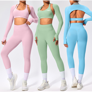 Ensemble de vêtements de sport de luxe pour femmes, 5 pièces, vente en gros : soutien-gorge de sport à dos croisé + veste de sport + short de sport + leggings de yoga - Product Image 3