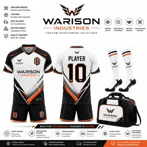 OEM Service Custom Football Teamwear Soccer Uniform Set White Black Orange Soccer Jersey Shorts Socks Sports Bag Set - Product Image 1
