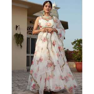 Lehenga choli ผ้าโปร่งพิมพ์ลายสีขาวดีไซน์หรูหราสำหรับผู้หญิง - Product Image 4