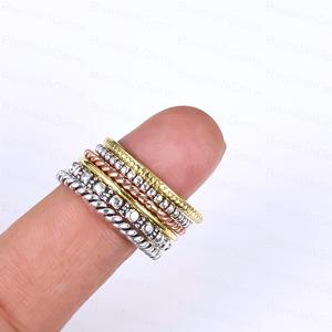 Trendy Multi Piece Stackable <b>Ring</b> Set 925 Sterling <b>Silver</b> Textured Beaded Twisted Band <b>Rings</b> Tri-Color Gold Plated Fine Jewelry - Product Image 2