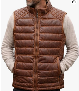 Gilet matelassé en cuir d'agneau véritable pour homme, style délavé, matelassage losanges, fermeture éclair, sans manches, veste d'hiver - Product Image 5