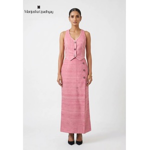 Conjunto Coordinado de Alta Calidad para Mujer, Color Rosa, con Adornos, Chaleco Corto de Diseñador, Falda Maxi con Abertura Lateral y Cintura Alta, Algodón, a la Moda - Product Image 1