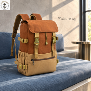 Mochila de Viaje de Lona de Dos Tonos con Correas de Hebilla |   Mochila de Lona Color Marrón Oxidado con Bolsillos Laterales Delanteros para Uso Diario - Product Image 4