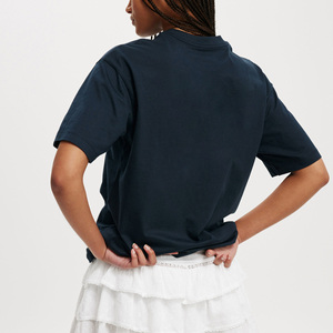 Women's Navy Blue Cotton V-neck T-Shirt Orange Logo Print Sporty Regular Fit Short Sleeve Jersey <b>Top</b> Embroidery <b>Zipper</b> - Product Image 2