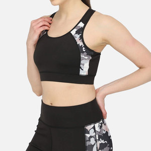 Sujetador deportivo con estampado de camuflaje para mujer, espalda cruzada, cuello redondo, soporte medio, ropa deportiva de yoga, transpirable, de elastano y poliéster, conjunto sin costuras - Product Image 1