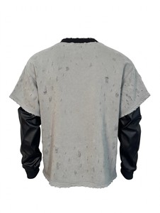 Custom Heavyweight Vintage Distressed Ripped Rhinestone Cross Graphic T <b>Shirt</b> Men Double Layer Long Sleeve Leather Sleeves - Product Image 5