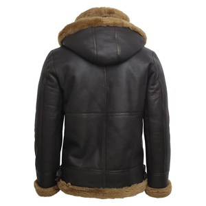 Low Price <b>Men</b> Aviator Flying Genuine Shearling Sheepskin Leather Bomber Hooded <b>Jacket</b> Brown <b>White</b> Sherpa Inner - Product Image 6