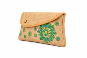 Pochette enveloppe en jute écologique avec imprimé mandala vert, faite à la main, réutilisable, trousse de maquillage de voyage - Product Image 3