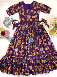Nouvelle arrivée : Robe midi pour fille/nouveau-né en soie Tussar avec imprimé numérique, manches bouffantes et bordure à volants, prête à porter, à prix de gros - Product Image 3