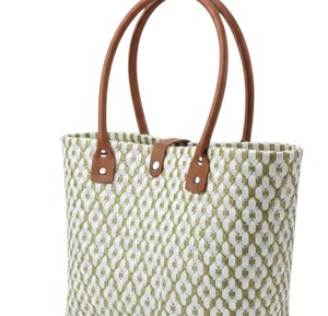 Wholesale Olive Green And White Floral Pattern Handmade <b>Bag</b> And Handbag With Brown Leather Handles For Summer <b>Beach</b> - Product Image 2