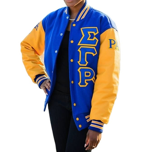 เสื้อแจ็คเก็ตวาร์ซิตี้ Sigma Gamma Rho Sorority ตัวเสื้อทำจากผ้าขนสัตว์ แขนเสื้อทำจากหนัง  ตกแต่งด้วยแพทช์เชนีล  ลายปักแบบเบสบอล ระบายอากาศได้ดี - Product Image 1